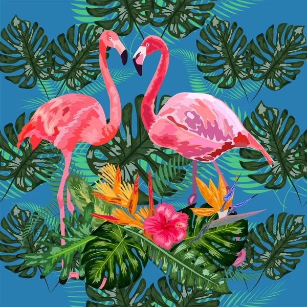 Beautiful seamless floral pattern background with pink flamingos — Stock vektor