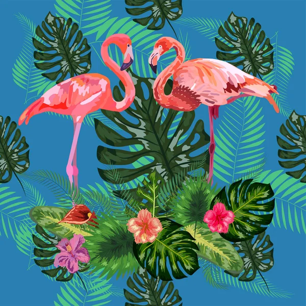 Beautiful seamless floral pattern background with pink flamingos — Stock vektor