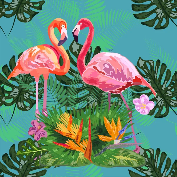 Flamants roses, fleurs tropicales et feuilles de jungle, hibiscus, pi — Image vectorielle