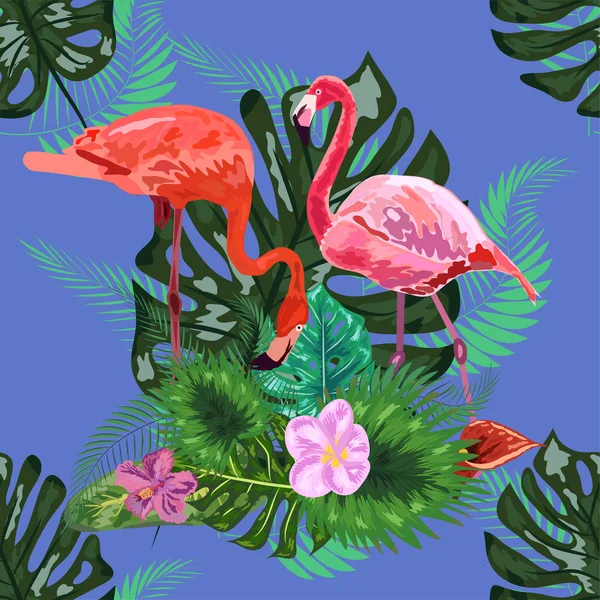 Różowe flamingi, tropikalne kwiaty i liście dżungli, hibiskus, pi — Wektor stockowy