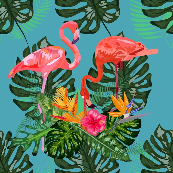 Růžoví plameňáci, tropické květiny a listy džungle, ibišek, pí — Stockový vektor