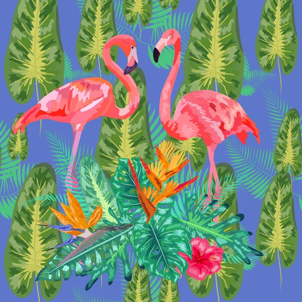 Pembe flamingolar, tropik çiçekler ve orman yaprakları, amberçiçeği, pi — Stok Vektör