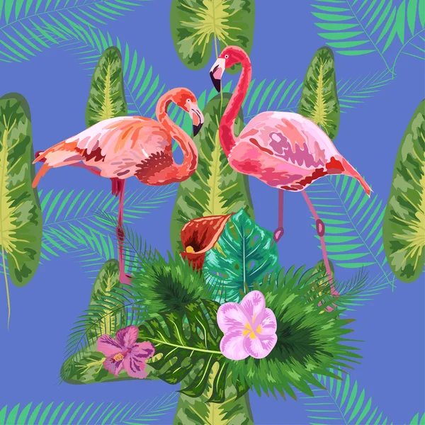 Flamencos rosados, flores tropicales y hojas de la selva, hibisco, pi — Vector de stock