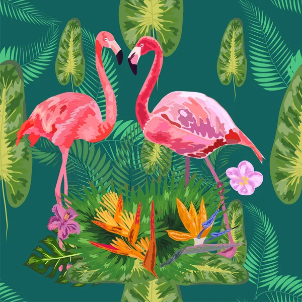 Flamencos rosados, flores tropicales y hojas de la selva, hibisco, pi — Vector de stock