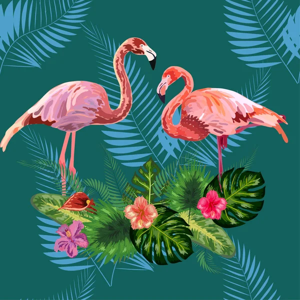 Roze flamingo 's, tropische bloemen en jungle bladeren, hibiscus, pi — Stockvector