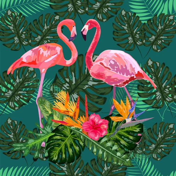 Flamingos rosa, flores tropicais e folhas da selva, hibisco, pi — Vetor de Stock