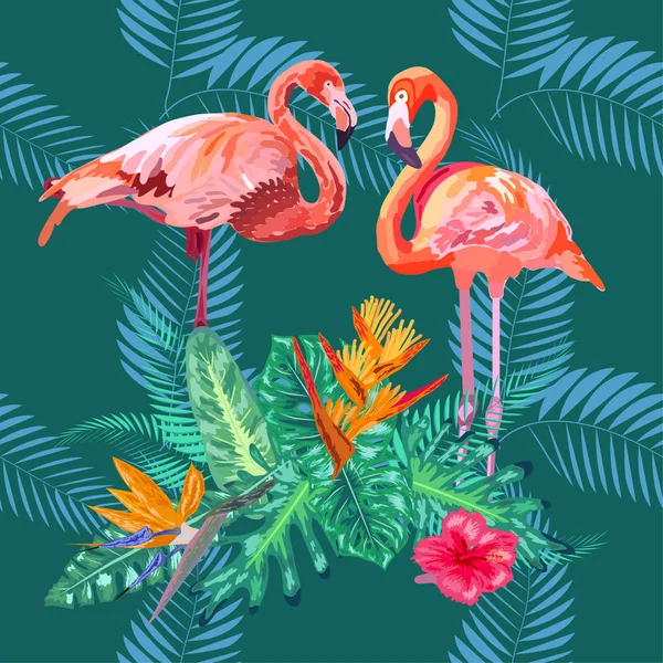 Flamants roses, fleurs tropicales et feuilles de jungle, hibiscus, pi — Image vectorielle