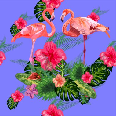 Ağaçların arasında aşık flamingolar Dikişsiz grafik desen