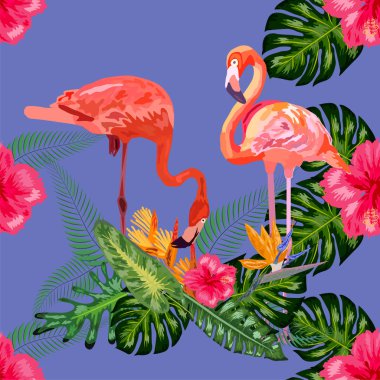 Ağaçların arasında aşık flamingolar Dikişsiz grafik desen