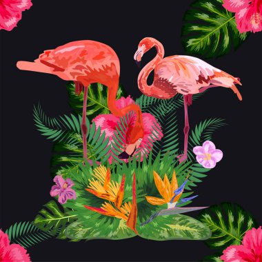 Ağaçların arasında aşık flamingolar Dikişsiz grafik desen