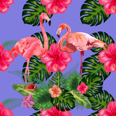 Ağaçların arasında aşık flamingolar Dikişsiz grafik desen