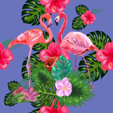 Ağaçların arasında aşık flamingolar Dikişsiz grafik desen