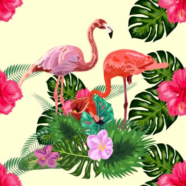 Ağaçların arasında aşık flamingolar Dikişsiz grafik desen