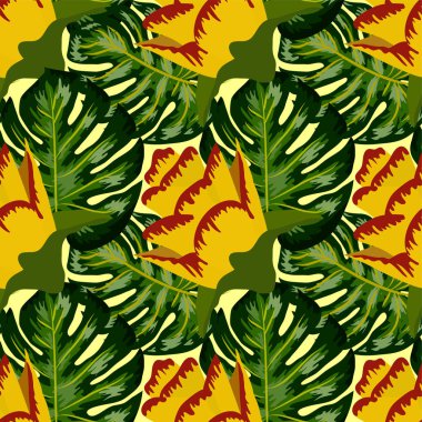 Parlak sarı ve pembe pla ile kusursuz bir tropikal desen