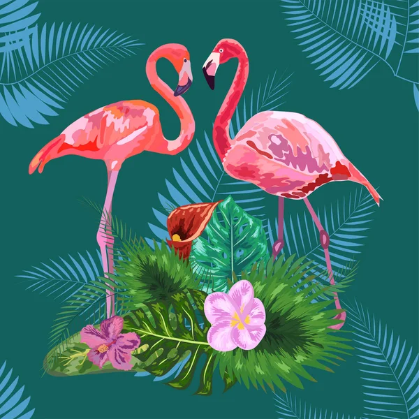 Pink flamingos, tropical flowers and jungle leaves, hibiscus, pi — Stock Vector