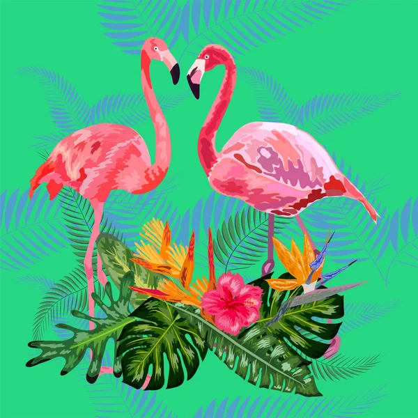Rosa Flamingos, tropische Blüten und Dschungelblätter, Hibiskus, Pi — Stockvektor