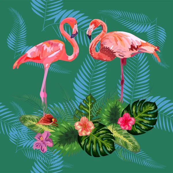 Roze flamingo 's, tropische bloemen en jungle bladeren, hibiscus, pi — Stockvector