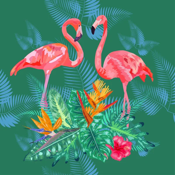 Modèle graphique sans couture de flamants roses amoureux parmi les arbres — Image vectorielle