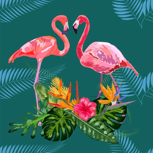 Seamless graphic pattern of flamingos in love among the trees — Stock Vector