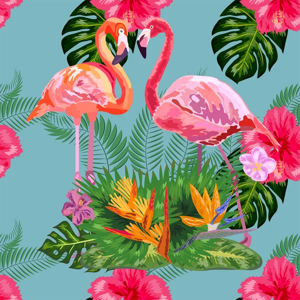 Modèle graphique sans couture de flamants roses amoureux parmi les arbres — Image vectorielle