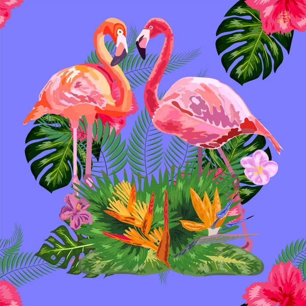 Modèle graphique sans couture de flamants roses amoureux parmi les arbres — Image vectorielle