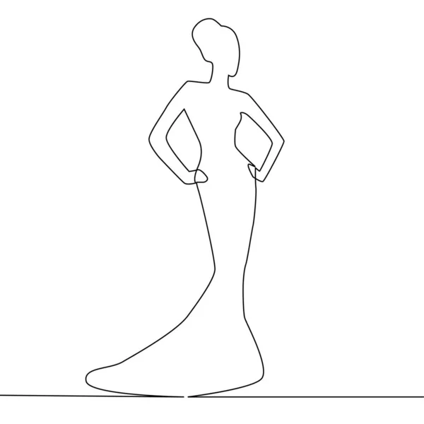 Continuous single one drawn line women in evening dress costume. — Stock Vector