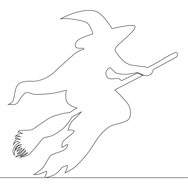 One continuous drawn single line of a witch halloween with a bro — Stock Vector