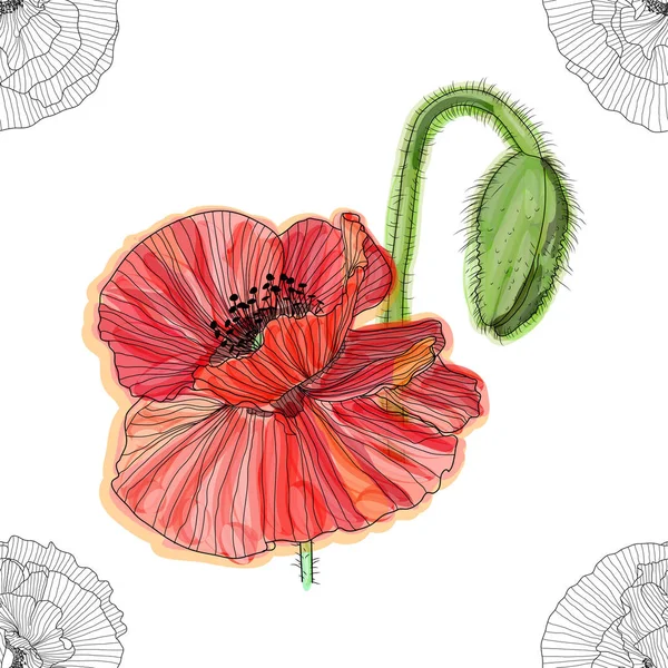 Floraler Hintergrund mit Mohn. nahtloses Muster. Gedeihen nahtlos — Stockvektor