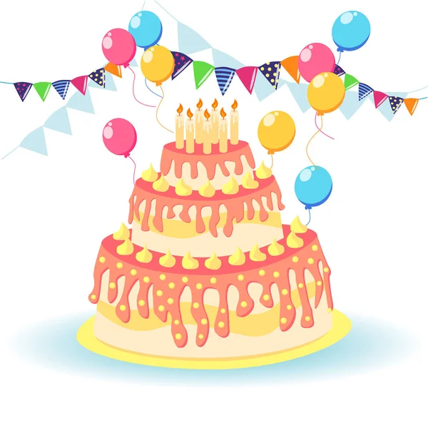 Cake birthday with candles and cream isolated on white backgroun — Stock Vector
