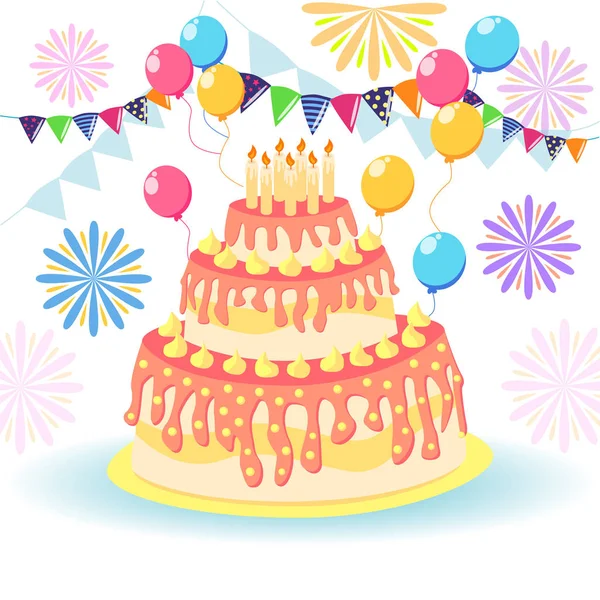 Tarta de cumpleaños con velas y crema aislada sobre fondo blanco — Vector de stock