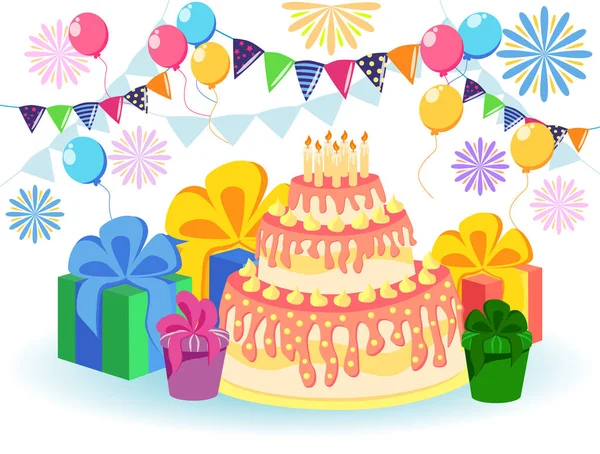 Fundo de aniversário com bolo de aniversário e balão colorido — Vetor de Stock
