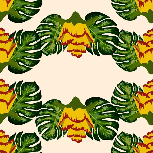 Patrón tropical sin costuras de verano con pla amarillo brillante y rosa — Vector de stock