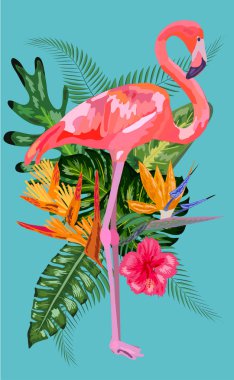 Tropikal Çiçekler Arkaplanı. Yaz Tasarımı. Flamingo. Tişört Fa