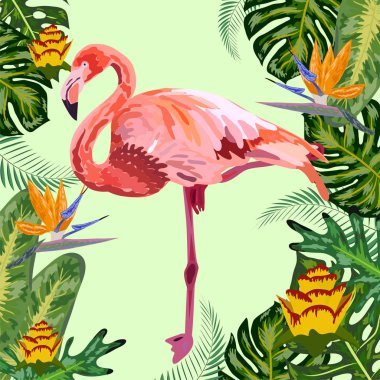 Tropikal Çiçekler Arkaplanı. Yaz Tasarımı. Flamingo. Tişört Fa