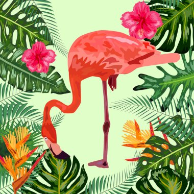 Tropikal Çiçekler Arkaplanı. Yaz Tasarımı. Flamingo. Tişört Fa