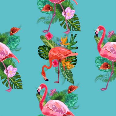 Flamingo Kuşu ve Tropikal Çiçekler Arkaplanı - Kusursuz p
