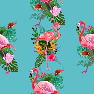 Flamingo Kuşu ve Tropikal Çiçekler Arkaplanı - Kusursuz p