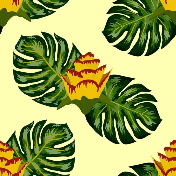 Été motif tropical sans couture avec pla jaune vif et rose — Image vectorielle