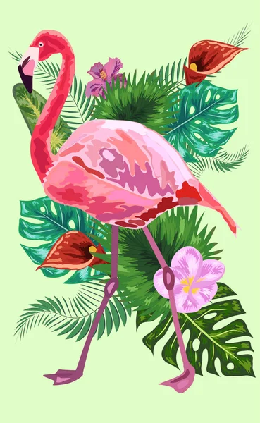 Fondo de flores tropicales. Diseño de verano. Flamingo. Camiseta Fa — Vector de stock
