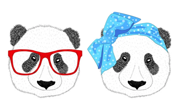 Handritad illustration av huvudet på en panda flicka med en båge i — Stock vektor
