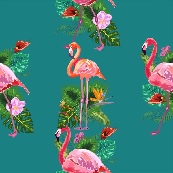 Flamingo fågel och tropiska blommor bakgrund - Retro sömlös p — Stock vektor