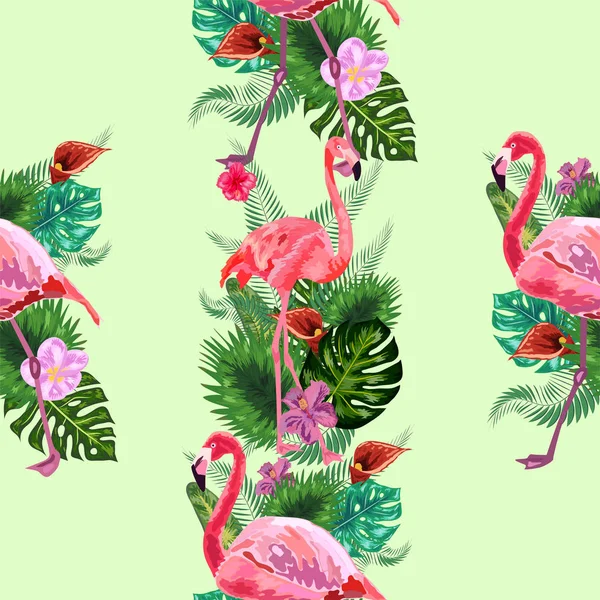 Flamingo pássaro e flores tropicais fundo - Retro sem costura p —  Vetores de Stock