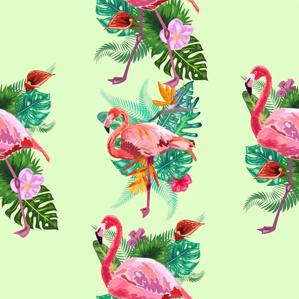 Flamingo uccello e fiori tropicali sfondo - Retro senza soluzione di continuità p — Vettoriale Stock