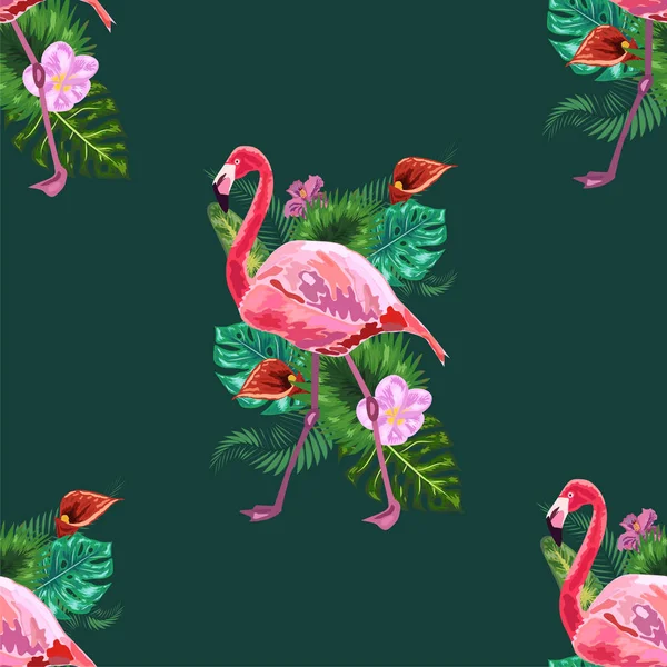 Flamingo ptak i tropikalne kwiaty tło - Retro bezszwowe p — Wektor stockowy