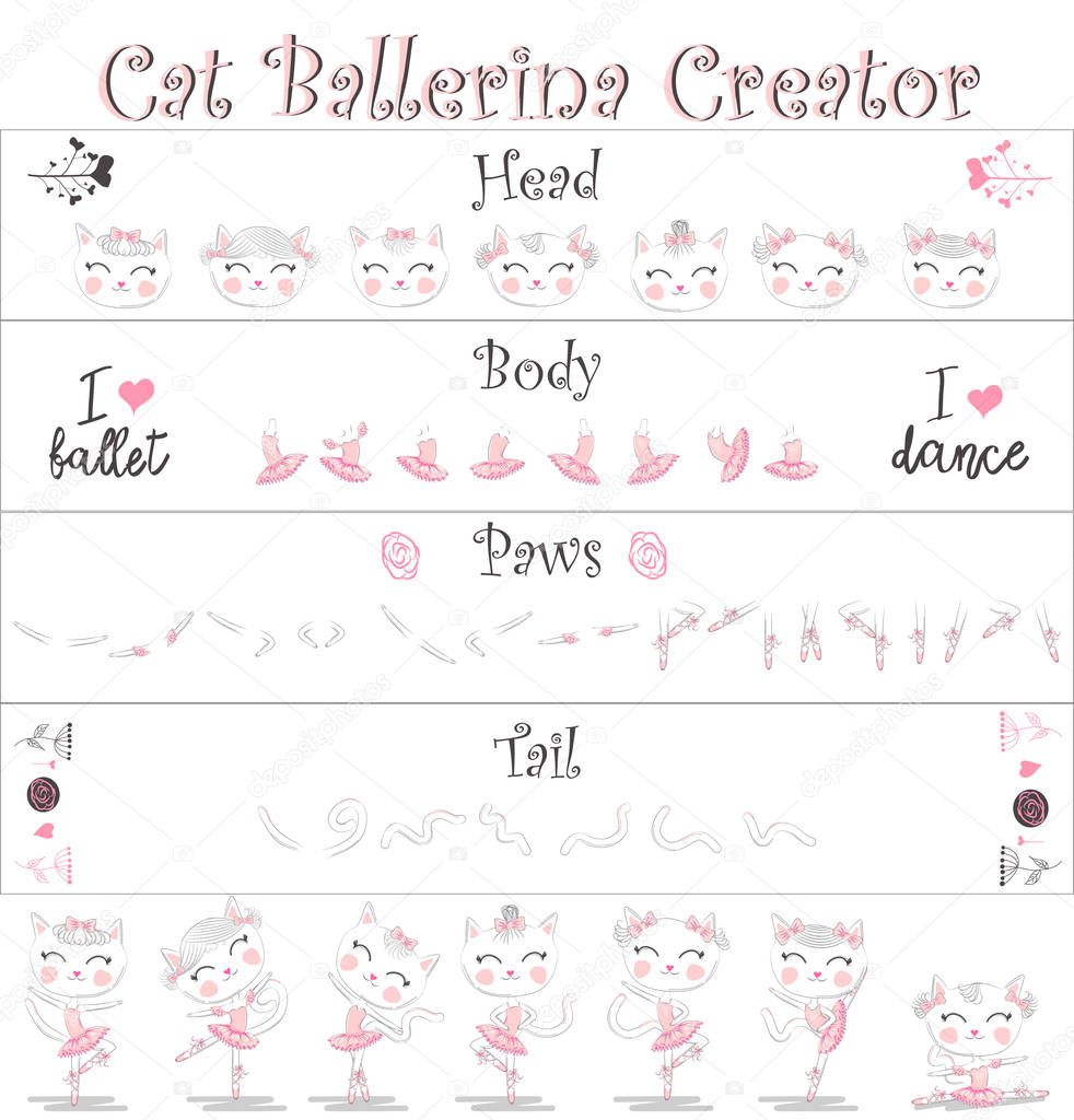 Cat ballerina creator. A set of elements for creating cats-balle