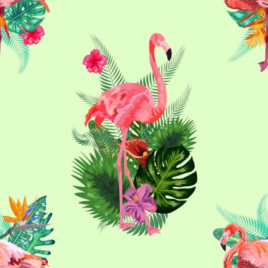 Tropikal kuş pembe flamingo ve çiçek amblemi, frangipani, veya