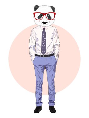 Gömlek, pantolon ve kravatla panda çiz. İş adamı stili.