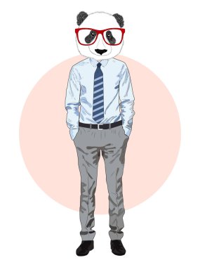 Gömlek, pantolon ve kravatla panda çiz. İş adamı stili.