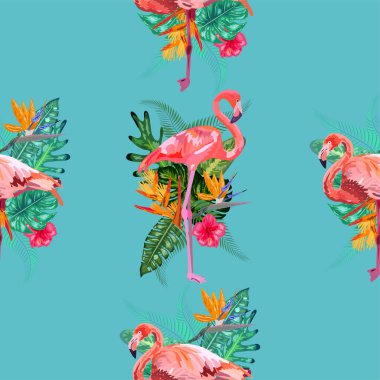 Tropikal kuş pembe flamingo ve çiçek amblemi, frangipani, veya