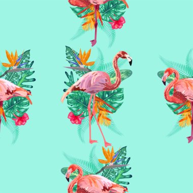 Tropikal kuş pembe flamingo ve çiçek amblemi, frangipani, veya